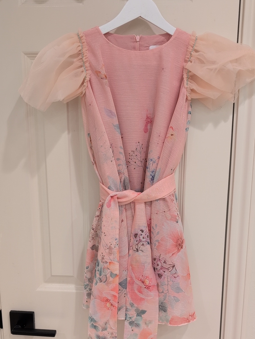 Girls' Eirene Pink Floral Bow Mesh Sleeve Dress Size 6-7